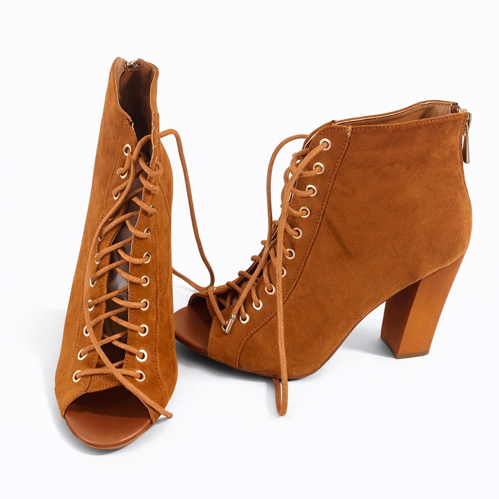 Bamboo Embark - Tan Suede Lace-Up Booties – Size 7 – Open Toe